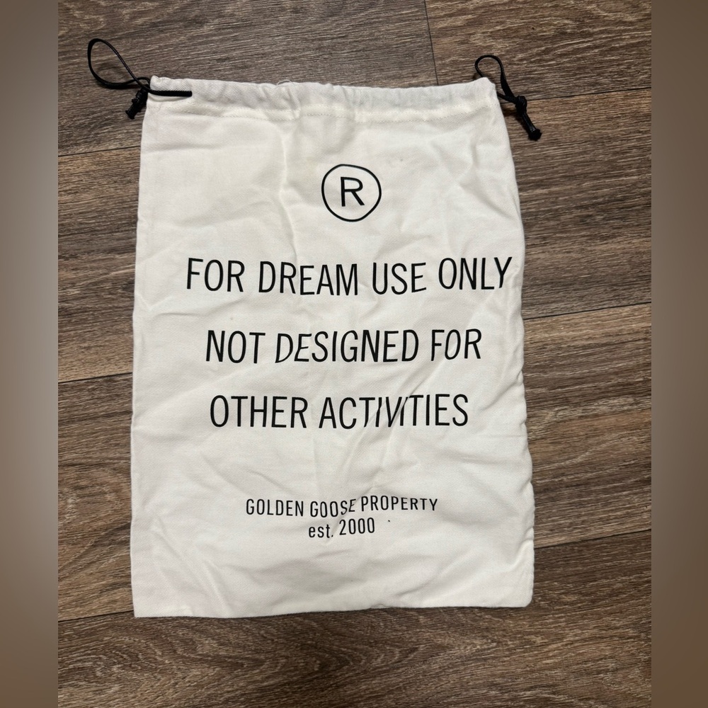 Golden Goose White Drawstring Bag with Black Text